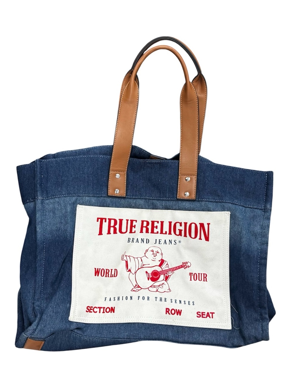 True Religion Denim Tote with Red Logo and Brown Handles